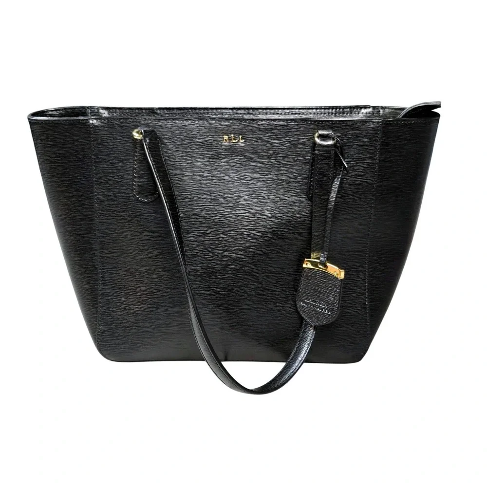 Women's Lauren Ralph Lauren Black Saffiano Leather Zip Top Tote‎ Bag Gold